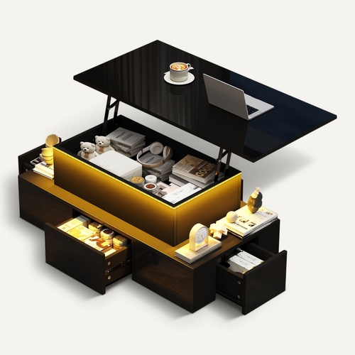 Table Basse Relevable 100x50x40 Cm Avec 4 Tiroirs, LED, Rangement Caché, En Mdf, Noire