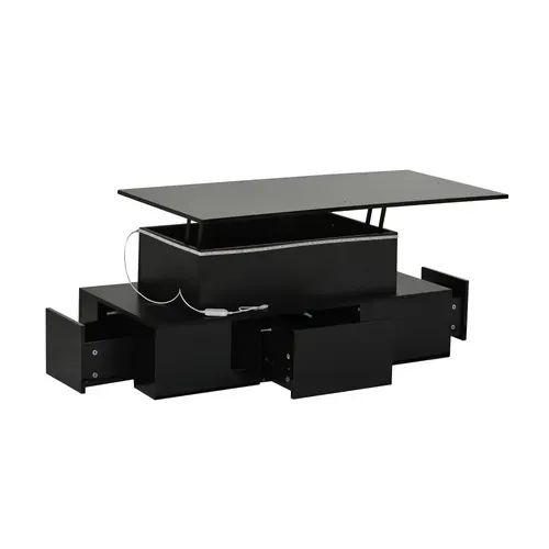 Table Basse Relevable 100x50x40 Cm Avec 4 Tiroirs, LED, Rangement Caché, En Mdf, Noire