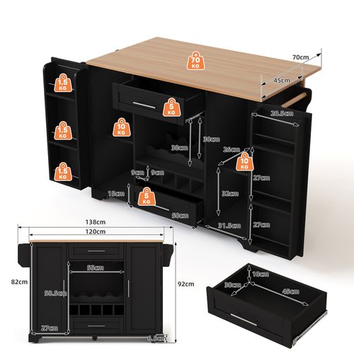 Îlot De Cuisine Avec Plateau Rabattable, 2 Tiroirs, 2 Portes, Casier à Vin, Roulettes, Mdf, Noir