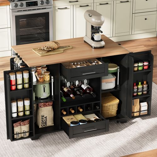 Îlot De Cuisine Avec Plateau Rabattable, 2 Tiroirs, 2 Portes, Casier à Vin, Roulettes, Mdf, Noir