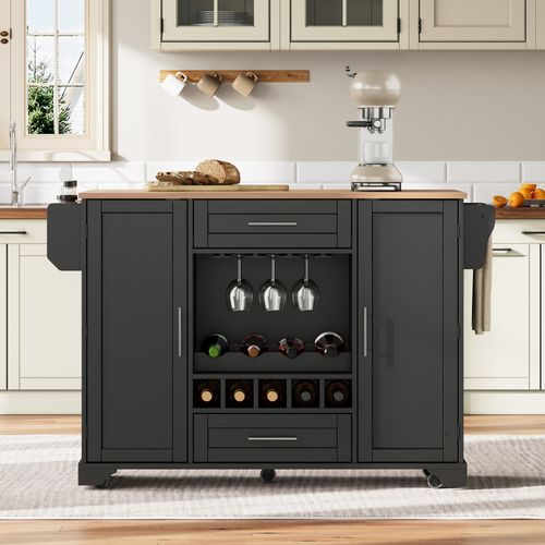 Îlot De Cuisine Avec Plateau Rabattable, 2 Tiroirs, 2 Portes, Casier à Vin, Roulettes, Mdf, Noir