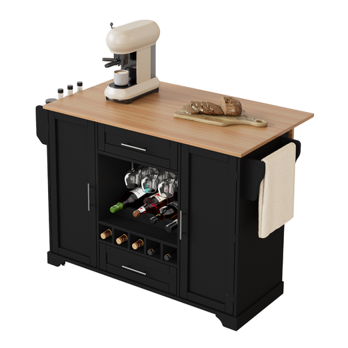 Îlot De Cuisine Avec Plateau Rabattable, 2 Tiroirs, 2 Portes, Casier à Vin, Roulettes, Mdf, Noir