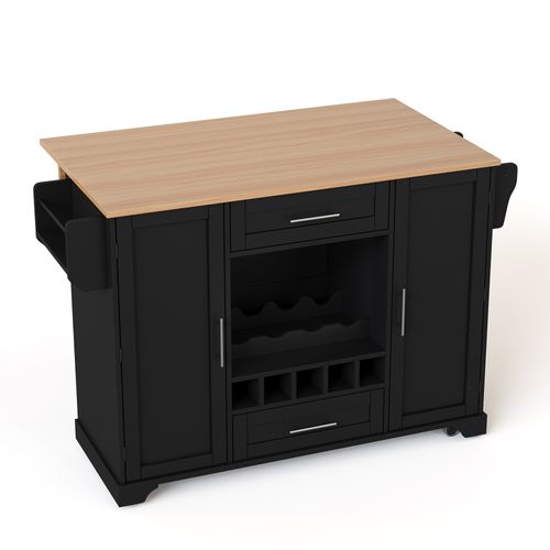 Îlot De Cuisine Avec Plateau Rabattable, 2 Tiroirs, 2 Portes, Casier à Vin, Roulettes, Mdf, Noir