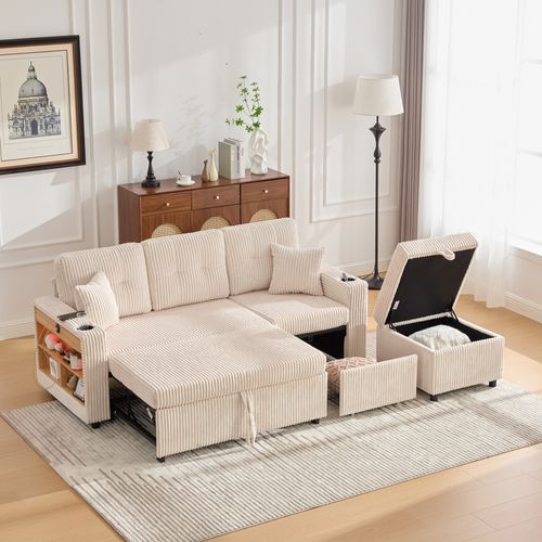 Canapé Convertible 3 Places 196x82/144x85 Cm, LED, USB-c, Porte-verres, Repose-bras, Tissu, Beige