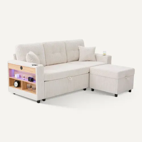 Canapé Convertible 3 Places 196x82/144x85 Cm, LED, USB-c, Porte-verres, Repose-bras, Tissu, Beige