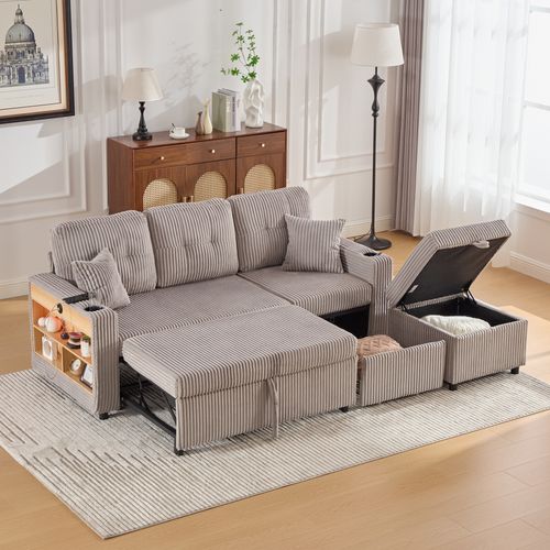 Canapé Convertible 3 Places 196x82/144x85 Cm, LED, USB-c, Porte-verres, En Tissu, Gris Clair