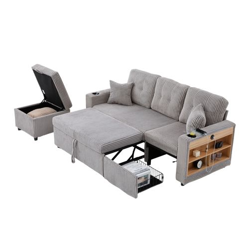 Canapé Convertible 3 Places 196x82/144x85 Cm, LED, USB-c, Porte-verres, En Tissu, Gris Clair
