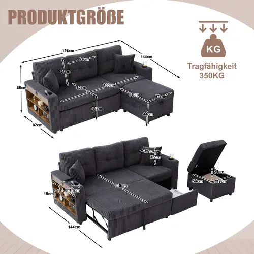 Canapé Convertible 3 Places 196x82/144x85 Cm, LED, USB-c, Porte-verres, En Tissu, Gris Foncé