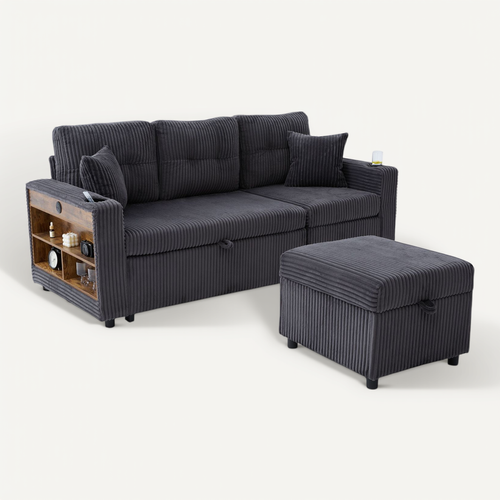 Canapé Convertible 3 Places 196x82/144x85 Cm, LED, USB-c, Porte-verres, En Tissu, Gris Foncé