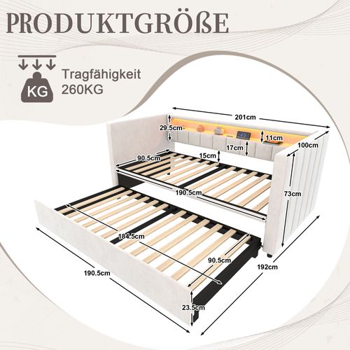 Lit Gigogne 90x190 Cm Lit Enfant Avec USB-c, LED, Rangement, En Velours, Beige