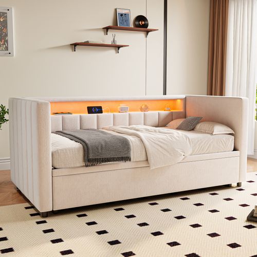 Lit Gigogne 90x190 Cm Lit Enfant Avec USB-c, LED, Rangement, En Velours, Beige