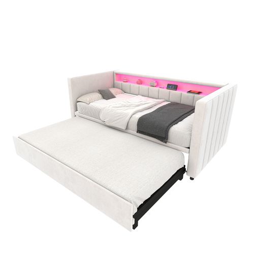 Lit Gigogne 90x190 Cm Lit Enfant Avec USB-c, LED, Rangement, En Velours, Beige