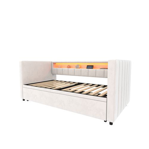 Lit Gigogne 90x190 Cm Lit Enfant Avec USB-c, LED, Rangement, En Velours, Beige