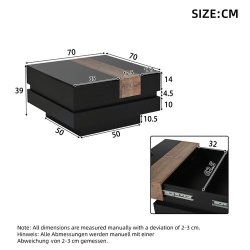 Table Basse Carrée Extensible 70x70x39 Cm Avec Rangement Caché, En Mdf, Noire