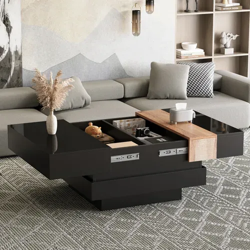 Table Basse Carrée Extensible 70x70x39 Cm Avec Rangement Caché, En Mdf, Noire