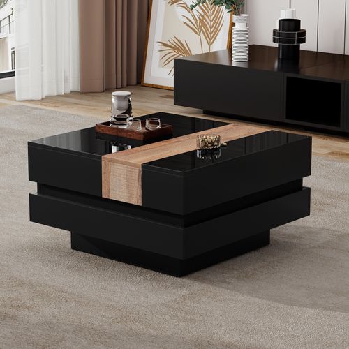 Table Basse Carrée Extensible 70x70x39 Cm Avec Rangement Caché, En Mdf, Noire
