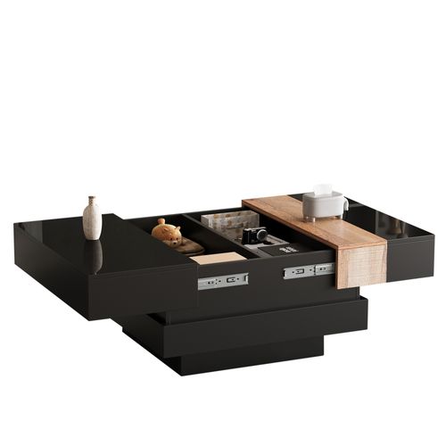Table Basse Carrée Extensible 70x70x39 Cm Avec Rangement Caché, En Mdf, Noire