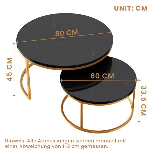 Table Basse Gigogne Ronde, Ensemble De 2, 80x80x45/60x60x33.5 Cm, Placage De Marbre Mdf, Noir+doré