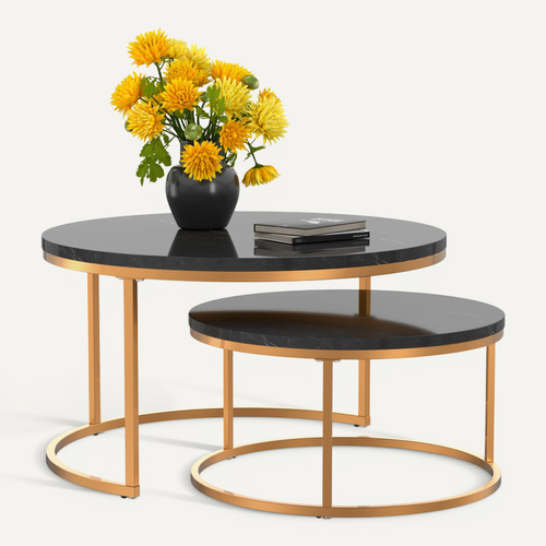 Table Basse Gigogne Ronde, Ensemble De 2, 80x80x45/60x60x33.5 Cm, Placage De Marbre Mdf, Noir+doré