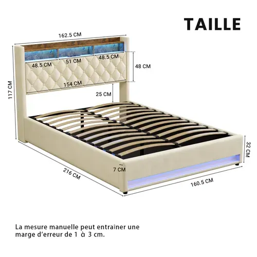 Lit Coffre Adulte 160x200cm, Avec Éclairage LED, Port USB Et Prise Électrique, Velours, Beige