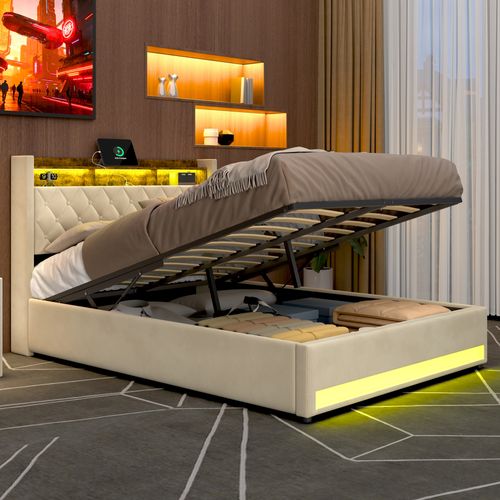 Lit Coffre Adulte 160x200cm, Avec Éclairage LED, Port USB Et Prise Électrique, Velours, Beige