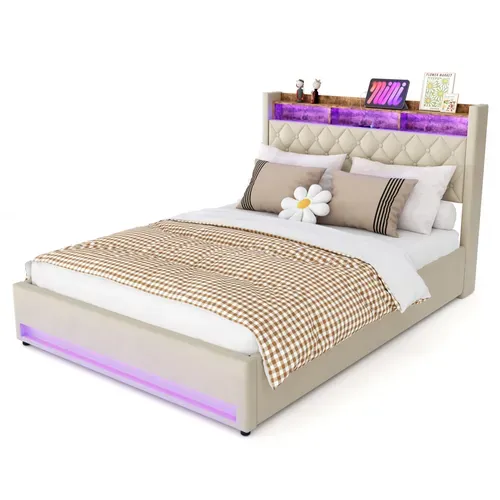 Lit Coffre Adulte 160x200cm, Avec Éclairage LED, Port USB Et Prise Électrique, Velours, Beige
