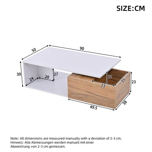 Table Basse 90x50x30 Cm Avec 1 Tiroir Pivotant à 360°, Rangement Ouvert, En Mdf, Blanc Et Chêne