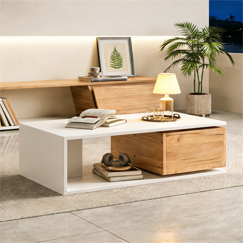 Table Basse 90x50x30 Cm Avec 1 Tiroir Pivotant à 360°, Rangement Ouvert, En Mdf, Blanc Et Chêne