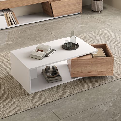 Table Basse 90x50x30 Cm Avec 1 Tiroir Pivotant à 360°, Rangement Ouvert, En Mdf, Blanc Et Chêne