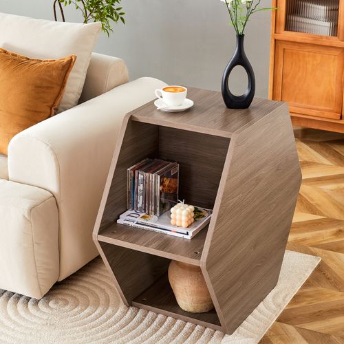 Table Basse Hexagonale 79x69,4x40 Cm Avec Rangement, En Mdf, Fini Bois De Noyer