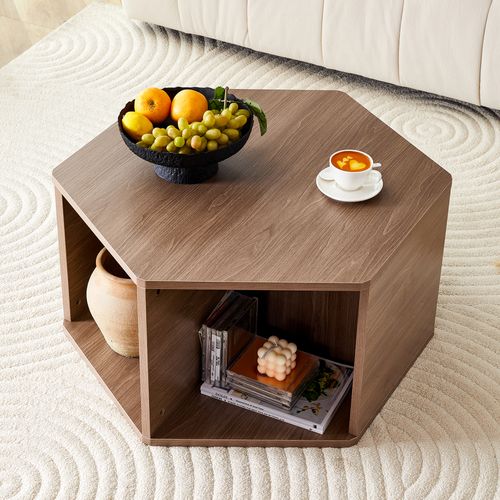 Table Basse Hexagonale 79x69,4x40 Cm Avec Rangement, En Mdf, Fini Bois De Noyer