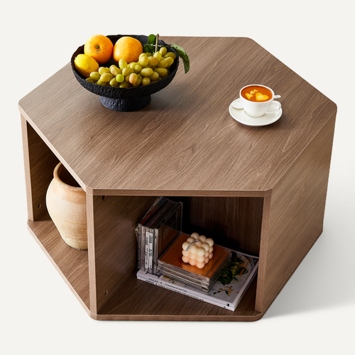 Table Basse Hexagonale 79x69,4x40 Cm Avec Rangement, En Mdf, Fini Bois De Noyer