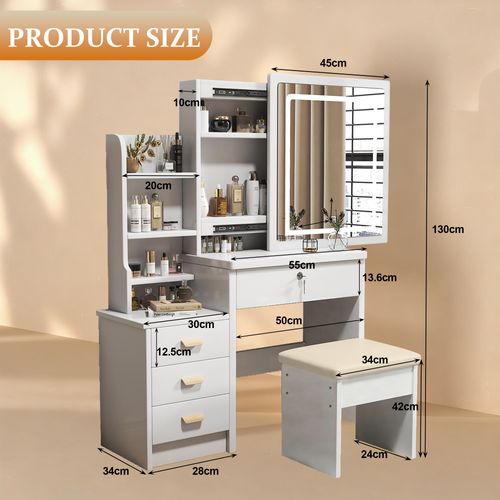 Coiffeuse 85x34x130 Cm Avec Miroir LED, 4 Tiroirs, Tabouret, Étagères Latérales, En Mdf, Blanc