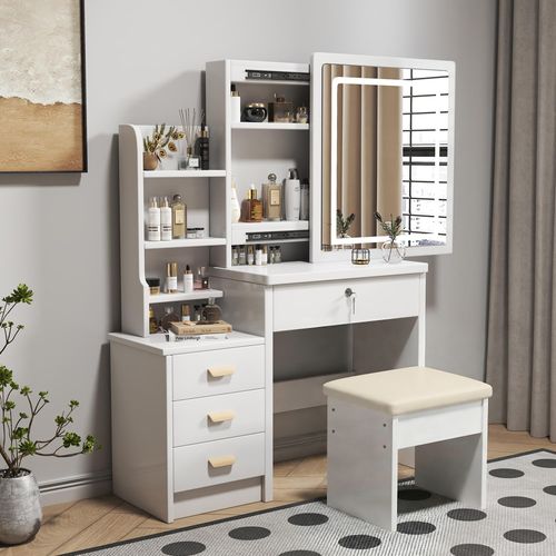 Coiffeuse 85x34x130 Cm Avec Miroir LED, 4 Tiroirs, Tabouret, Étagères Latérales, En Mdf, Blanc
