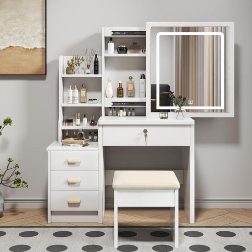 Coiffeuse 85x34x130 Cm Avec Miroir LED, 4 Tiroirs, Tabouret, Étagères Latérales, En Mdf, Blanc