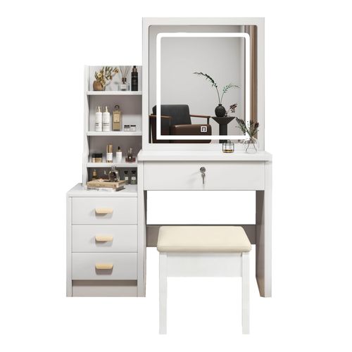 Coiffeuse 85x34x130 Cm Avec Miroir LED, 4 Tiroirs, Tabouret, Étagères Latérales, En Mdf, Blanc