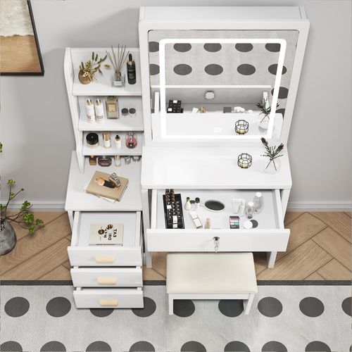 Coiffeuse 85x34x130 Cm Avec Miroir LED, 4 Tiroirs, Tabouret, Étagères Latérales, En Mdf, Blanc