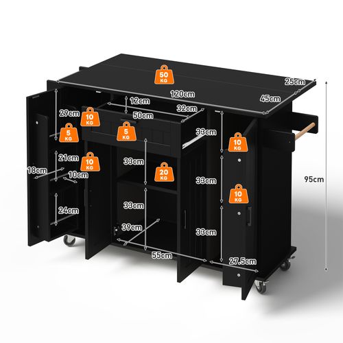 Îlot De Cuisine Extensible 120x45/70x95 Cm Avec 1 Tiroir, 4 Portes, Roulettes, Étagères, Mdf, Noir