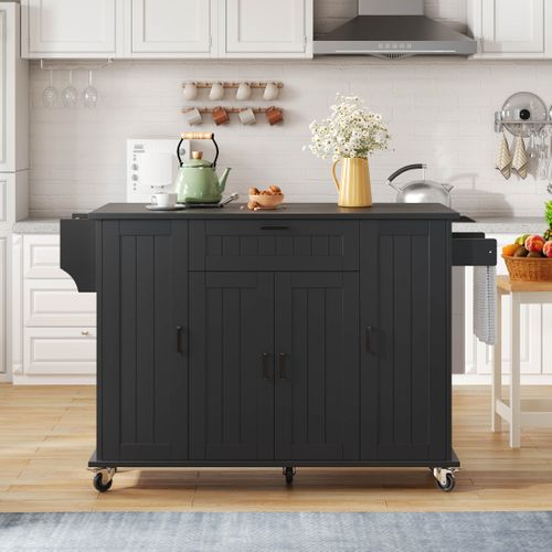 Îlot De Cuisine Extensible 120x45/70x95 Cm Avec 1 Tiroir, 4 Portes, Roulettes, Étagères, Mdf, Noir