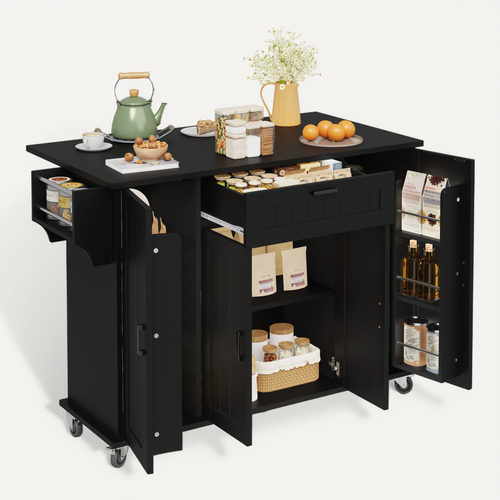 Îlot De Cuisine Extensible 120x45/70x95 Cm Avec 1 Tiroir, 4 Portes, Roulettes, Étagères, Mdf, Noir