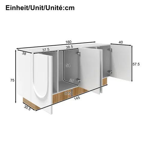 Buffet 4 Portes 160x75x38 Cm - Grand Rangement - Panneaux Particule Blanc/bois - Design U Relief