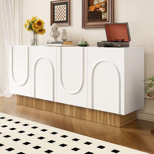 Buffet 4 Portes 160x75x38 Cm - Grand Rangement - Panneaux Particule Blanc/bois - Design U Relief
