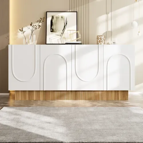 Buffet 4 Portes 160x75x38 Cm - Grand Rangement - Panneaux Particule Blanc/bois - Design U Relief