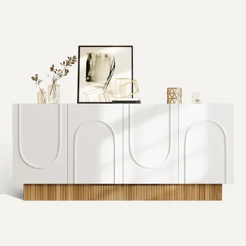 Buffet 4 Portes 160x75x38 Cm - Grand Rangement - Panneaux Particule Blanc/bois - Design U Relief