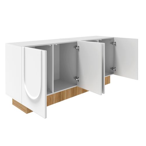 Buffet 4 Portes 160x75x38 Cm - Grand Rangement - Panneaux Particule Blanc/bois - Design U Relief