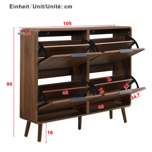 Meuble à Chaussures 105x24x90cm, 4 Portes, Peut Contenir 18 à 24 Paires De Chaussures, Noyer
