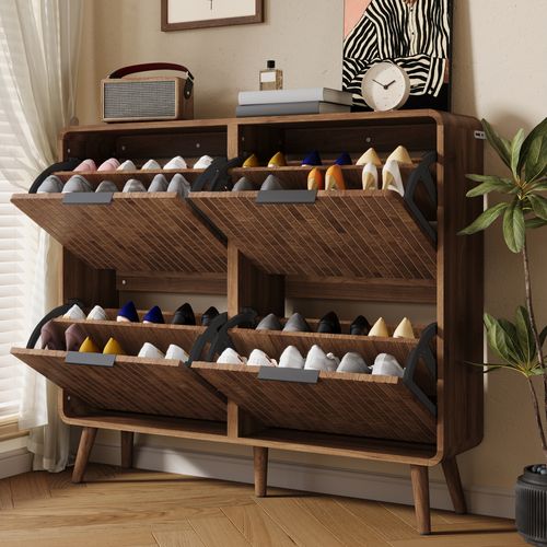 Meuble à Chaussures 105x24x90cm, 4 Portes, Peut Contenir 18 à 24 Paires De Chaussures, Noyer