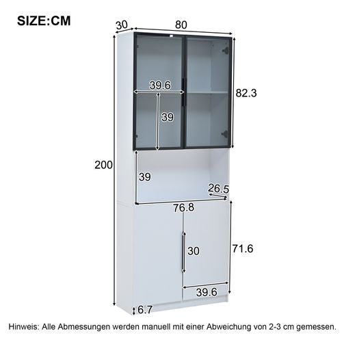 Vitrine 80x30x200 Cm Avec 4 Portes, Éclairage LED, Compartiment Ouvert, En Mdf, Blanc