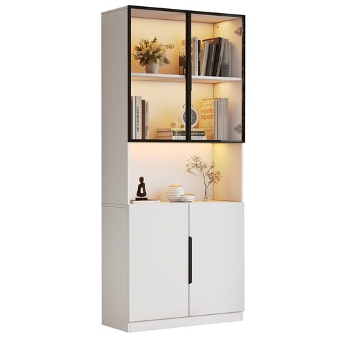 Vitrine 80x30x200 Cm Avec 4 Portes, Éclairage LED, Compartiment Ouvert, En Mdf, Blanc
