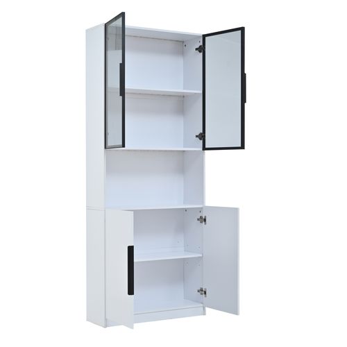 Vitrine 80x30x200 Cm Avec 4 Portes, Éclairage LED, Compartiment Ouvert, En Mdf, Blanc